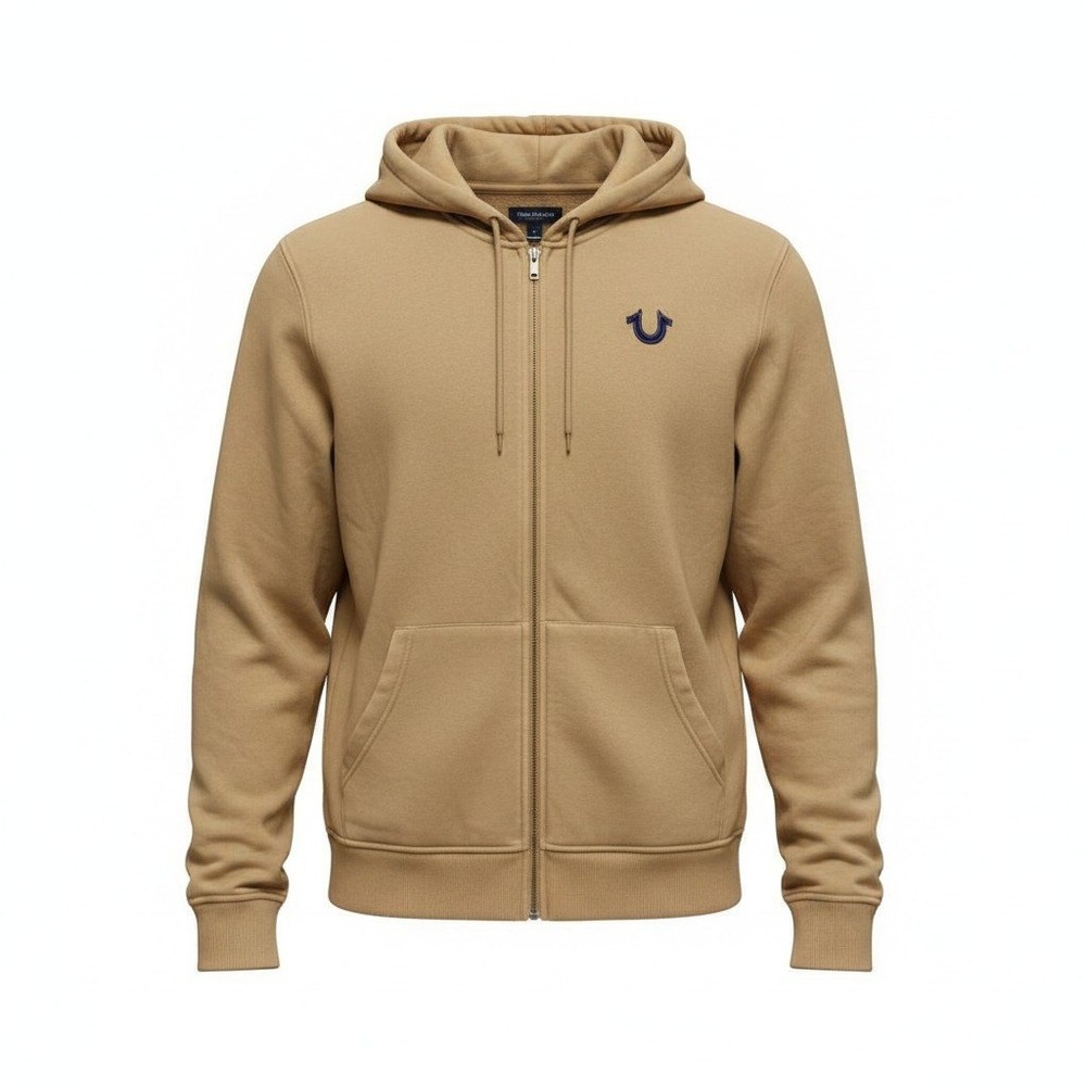 True Religion True Emb Zip Hoodie Men XL Travertine Tan Logo Graphic Sweatshirt